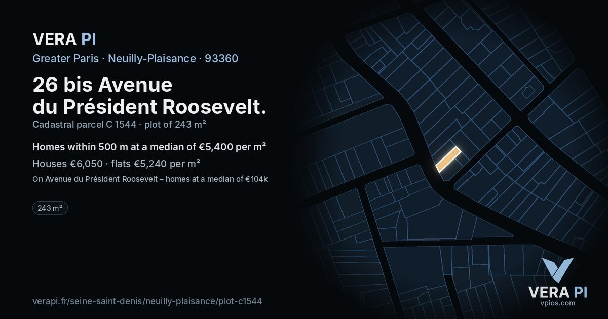 26 bis Avenue du Président Roosevelt, Neuilly-Plaisance at night – the plot lit, the parcels around coloured by the prices near them