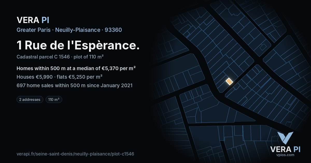 1 Rue de l'Espèrance, Neuilly-Plaisance at night – the plot lit, the parcels around coloured by the prices near them