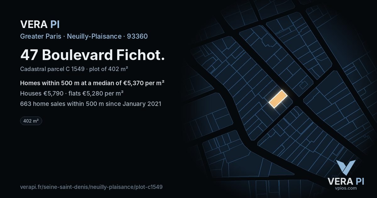 47 Boulevard Fichot, Neuilly-Plaisance at night – the plot lit, the parcels around coloured by the prices near them