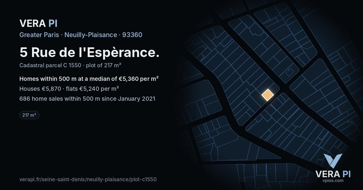 5 Rue de l'Espèrance, Neuilly-Plaisance at night – the plot lit, the parcels around coloured by the prices near them