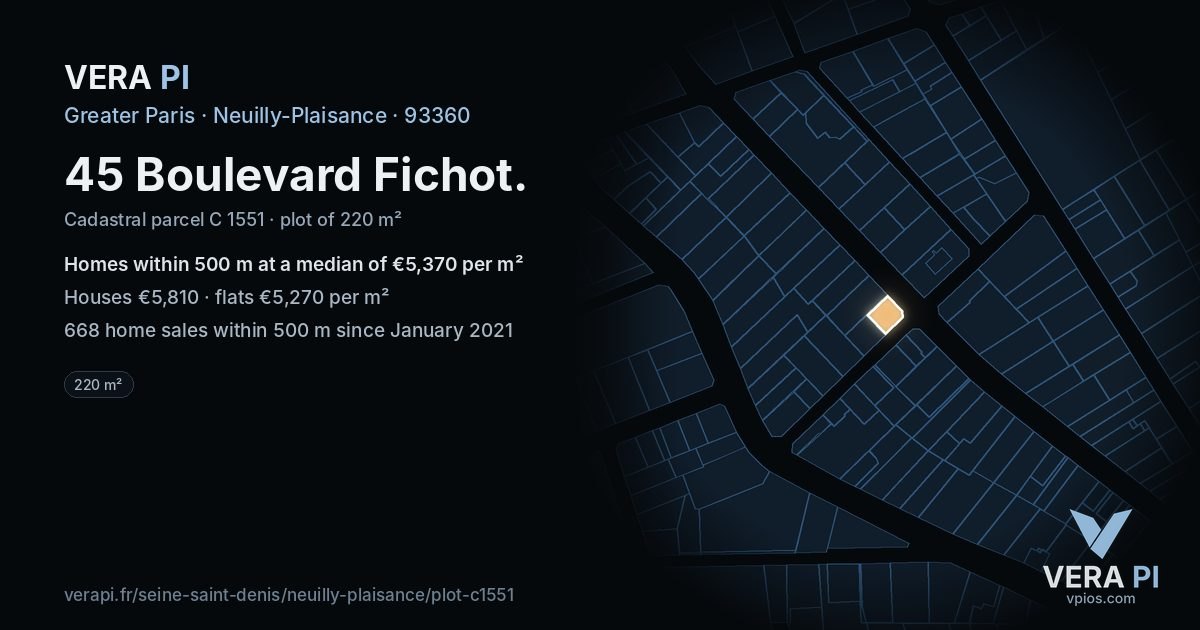 45 Boulevard Fichot, Neuilly-Plaisance at night – the plot lit, the parcels around coloured by the prices near them