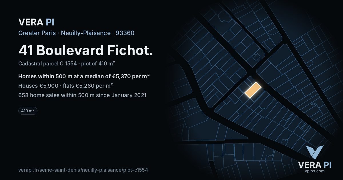 41 Boulevard Fichot, Neuilly-Plaisance at night – the plot lit, the parcels around coloured by the prices near them