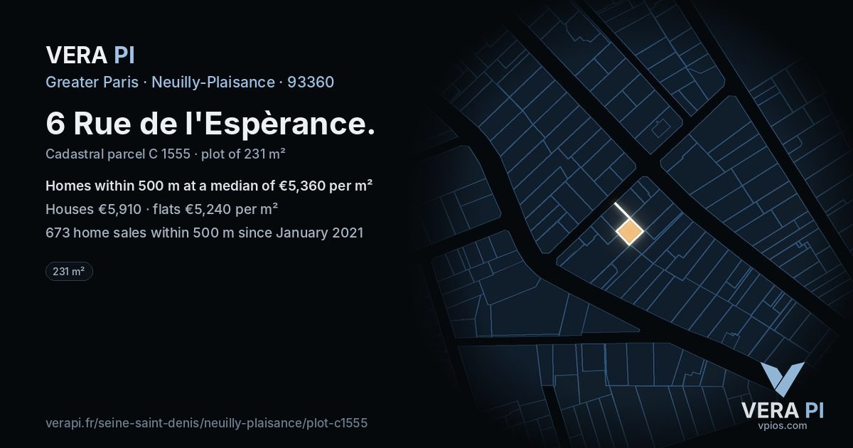 6 Rue de l'Espèrance, Neuilly-Plaisance at night – the plot lit, the parcels around coloured by the prices near them