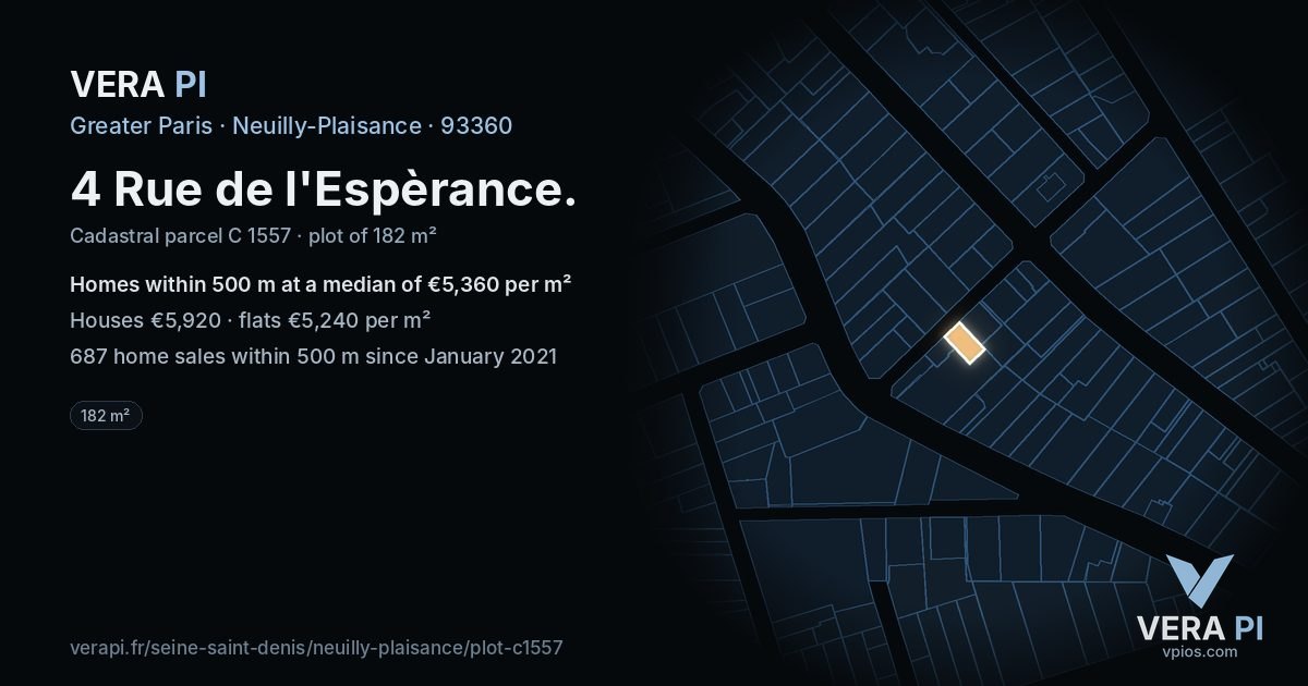 4 Rue de l'Espèrance, Neuilly-Plaisance at night – the plot lit, the parcels around coloured by the prices near them