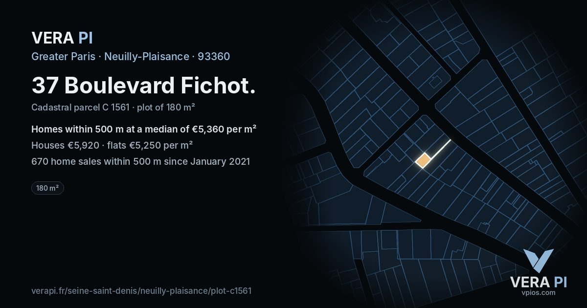 37 Boulevard Fichot, Neuilly-Plaisance at night – the plot lit, the parcels around coloured by the prices near them