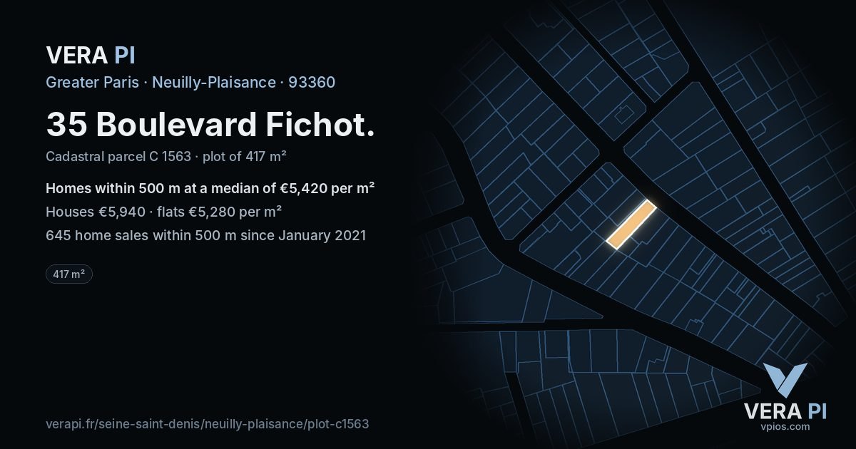 35 Boulevard Fichot, Neuilly-Plaisance at night – the plot lit, the parcels around coloured by the prices near them