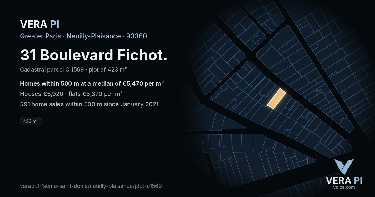 31 Boulevard Fichot, Neuilly-Plaisance at night – the plot lit, the parcels around coloured by the prices near them