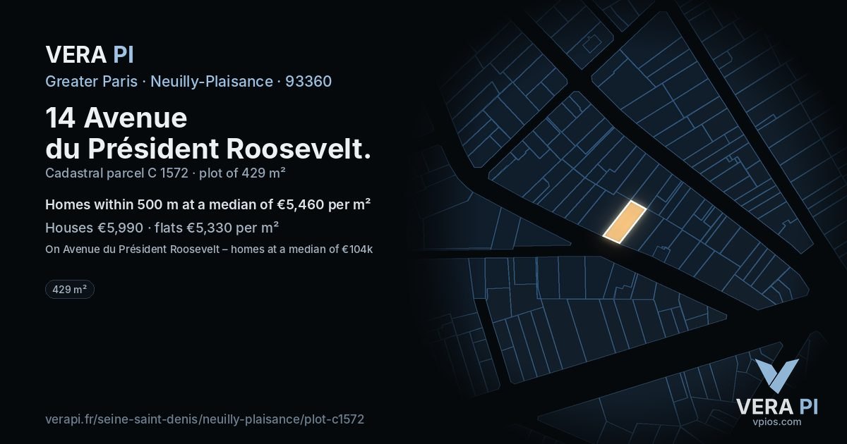 14 Avenue du Président Roosevelt, Neuilly-Plaisance at night – the plot lit, the parcels around coloured by the prices near them