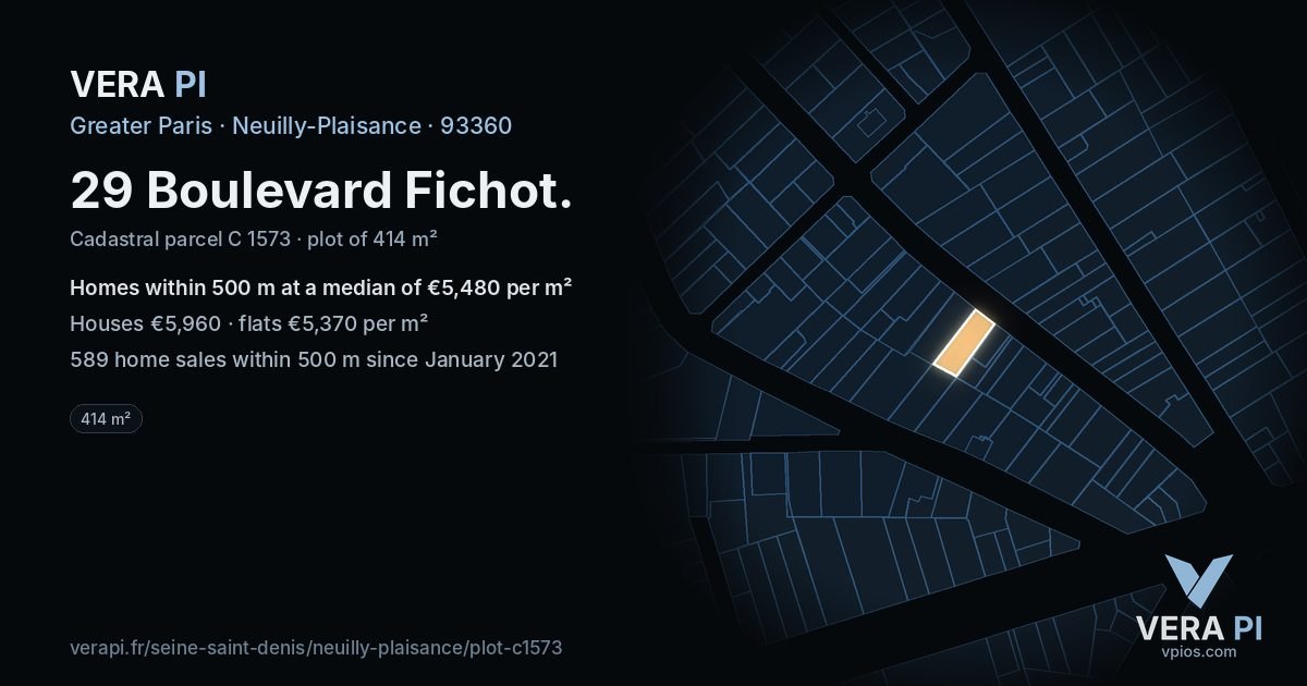 29 Boulevard Fichot, Neuilly-Plaisance at night – the plot lit, the parcels around coloured by the prices near them