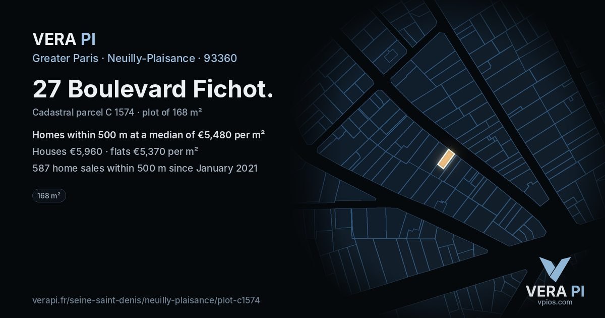 27 Boulevard Fichot, Neuilly-Plaisance at night – the plot lit, the parcels around coloured by the prices near them