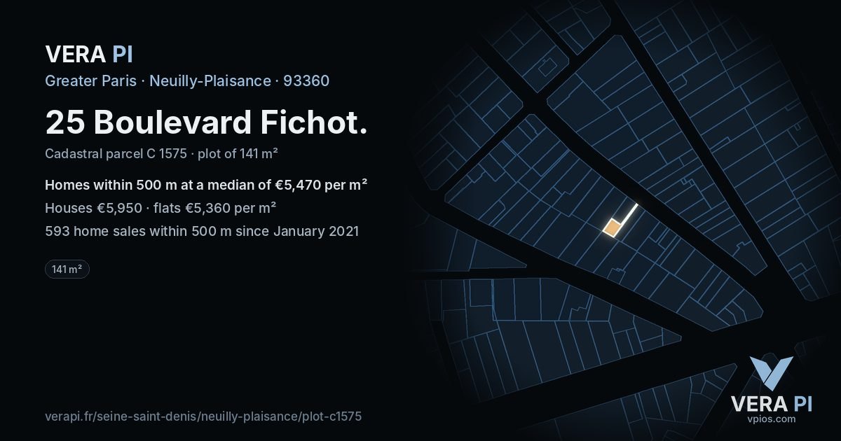 25 Boulevard Fichot, Neuilly-Plaisance at night – the plot lit, the parcels around coloured by the prices near them