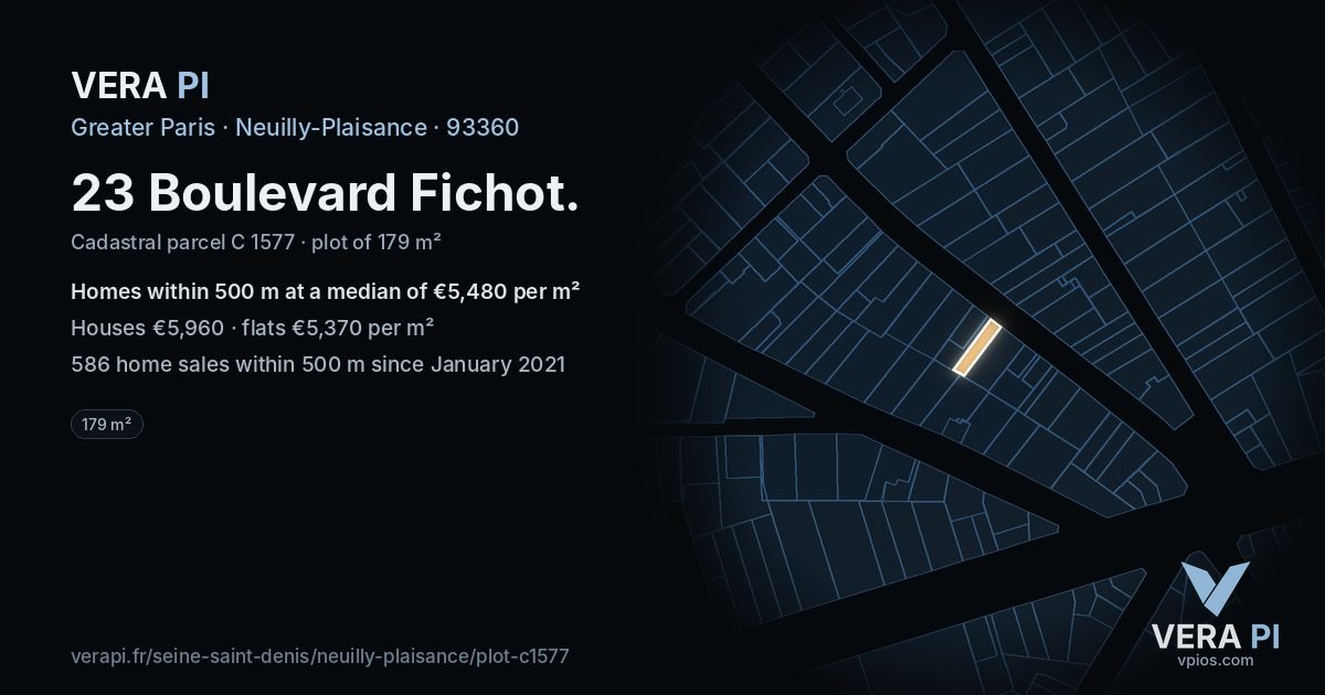 23 Boulevard Fichot, Neuilly-Plaisance at night – the plot lit, the parcels around coloured by the prices near them