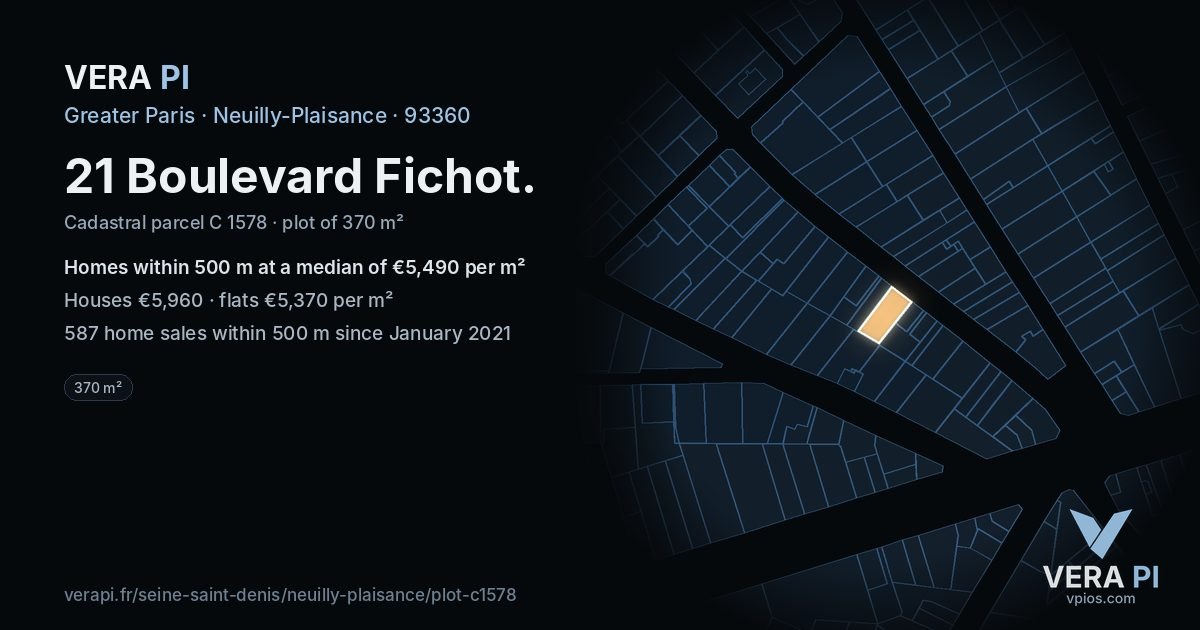 21 Boulevard Fichot, Neuilly-Plaisance at night – the plot lit, the parcels around coloured by the prices near them