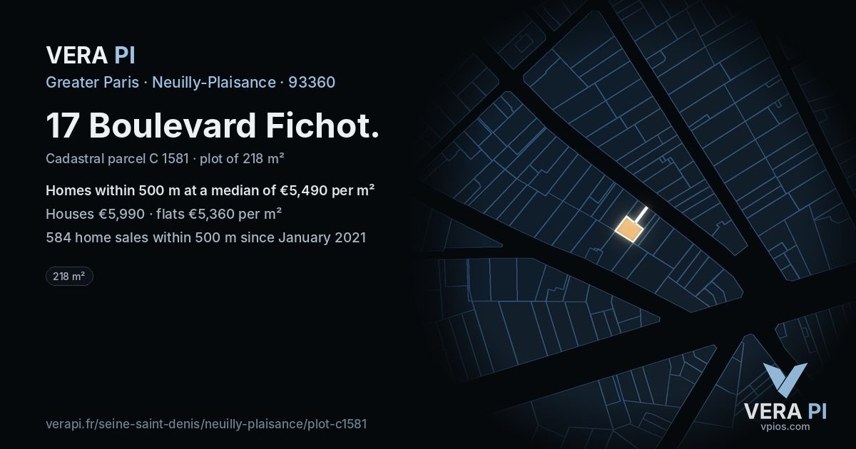 17 Boulevard Fichot, Neuilly-Plaisance at night – the plot lit, the parcels around coloured by the prices near them