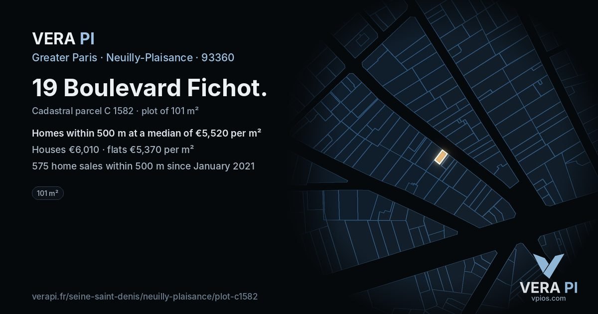 19 Boulevard Fichot, Neuilly-Plaisance at night – the plot lit, the parcels around coloured by the prices near them