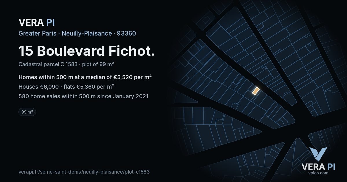 15 Boulevard Fichot, Neuilly-Plaisance at night – the plot lit, the parcels around coloured by the prices near them