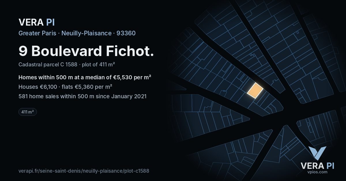 9 Boulevard Fichot, Neuilly-Plaisance at night – the plot lit, the parcels around coloured by the prices near them