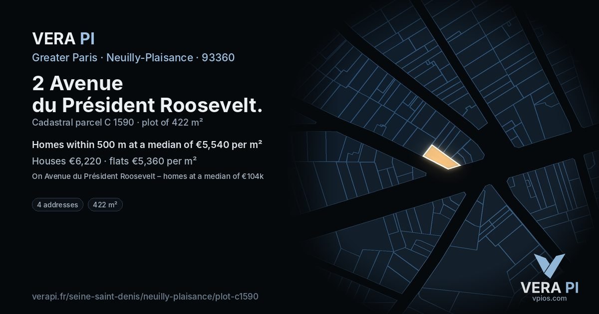 2 Avenue du Président Roosevelt, Neuilly-Plaisance at night – the plot lit, the parcels around coloured by the prices near them
