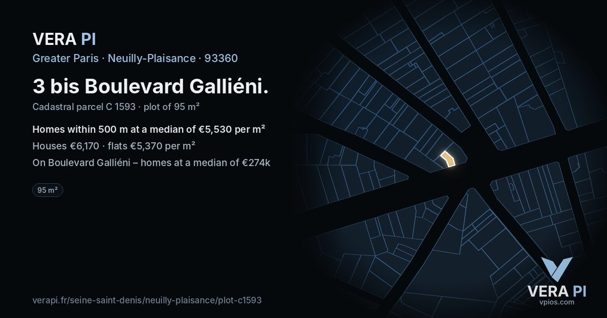 3 bis Boulevard Galliéni, Neuilly-Plaisance at night – the plot lit, the parcels around coloured by the prices near them