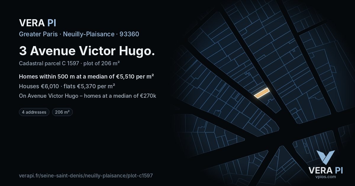 3 Avenue Victor Hugo, Neuilly-Plaisance at night – the plot lit, the parcels around coloured by the prices near them