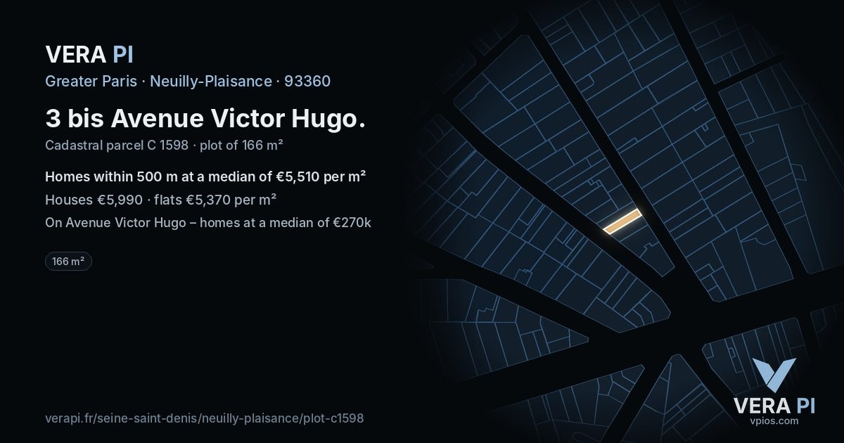 3 bis Avenue Victor Hugo, Neuilly-Plaisance at night – the plot lit, the parcels around coloured by the prices near them