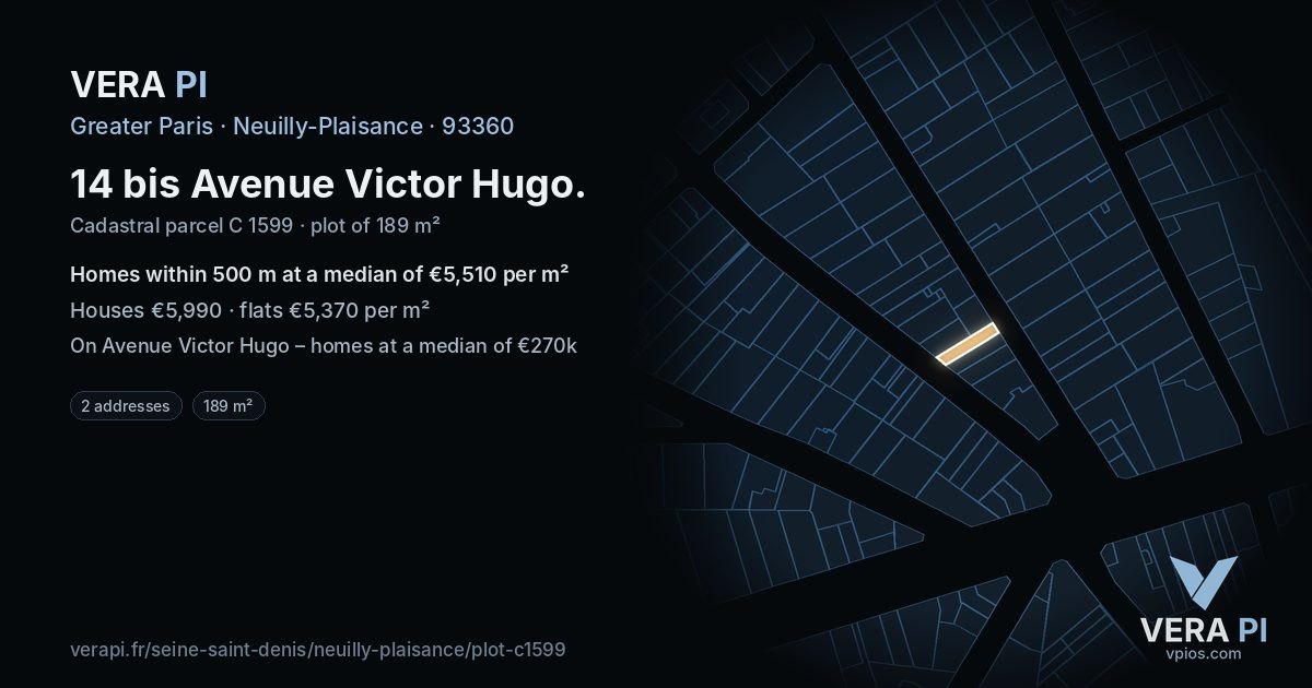 14 bis Avenue Victor Hugo, Neuilly-Plaisance at night – the plot lit, the parcels around coloured by the prices near them