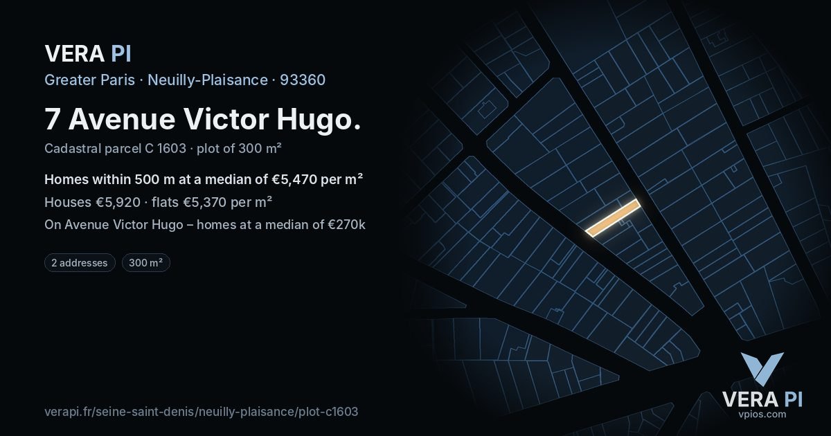 7 Avenue Victor Hugo, Neuilly-Plaisance at night – the plot lit, the parcels around coloured by the prices near them
