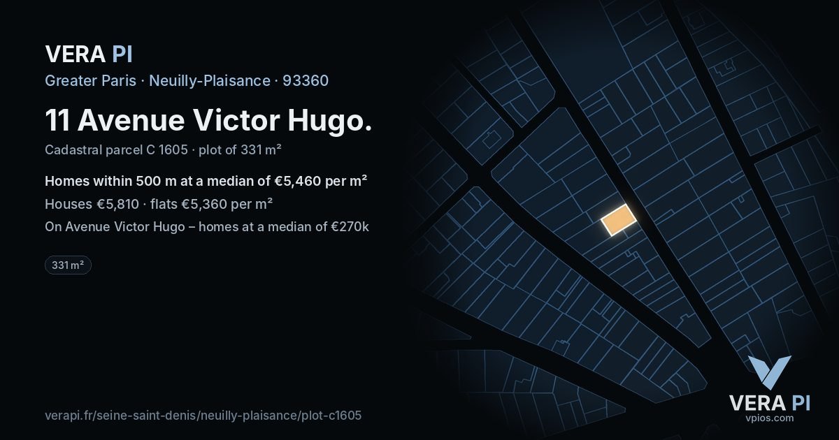 11 Avenue Victor Hugo, Neuilly-Plaisance at night – the plot lit, the parcels around coloured by the prices near them