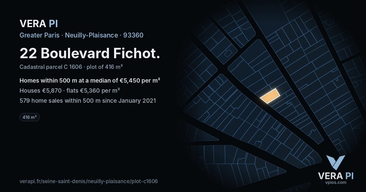 22 Boulevard Fichot, Neuilly-Plaisance at night – the plot lit, the parcels around coloured by the prices near them