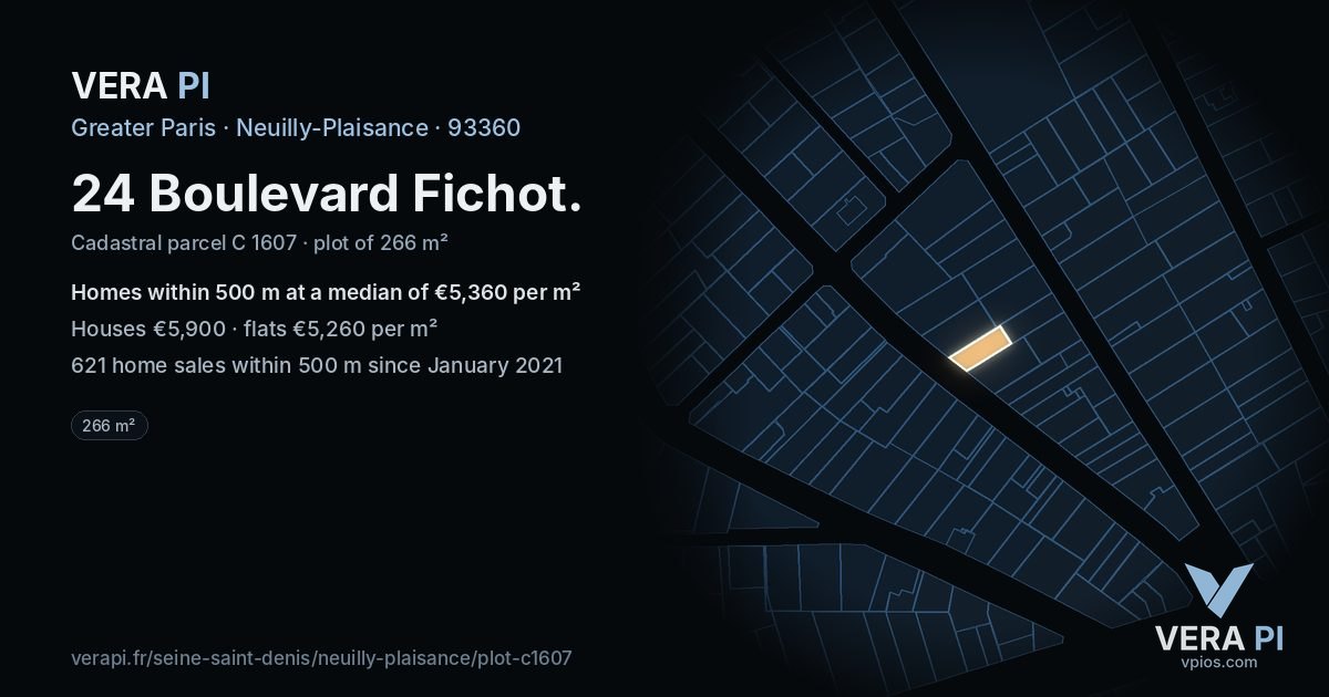 24 Boulevard Fichot, Neuilly-Plaisance at night – the plot lit, the parcels around coloured by the prices near them
