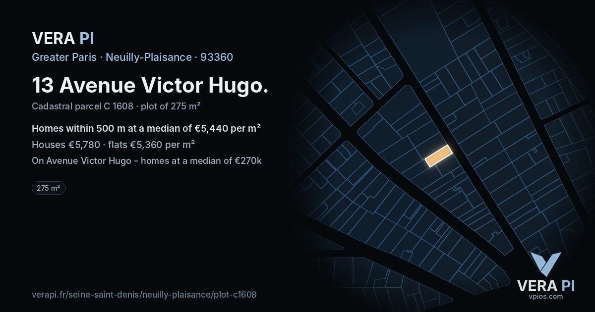 13 Avenue Victor Hugo, Neuilly-Plaisance at night – the plot lit, the parcels around coloured by the prices near them