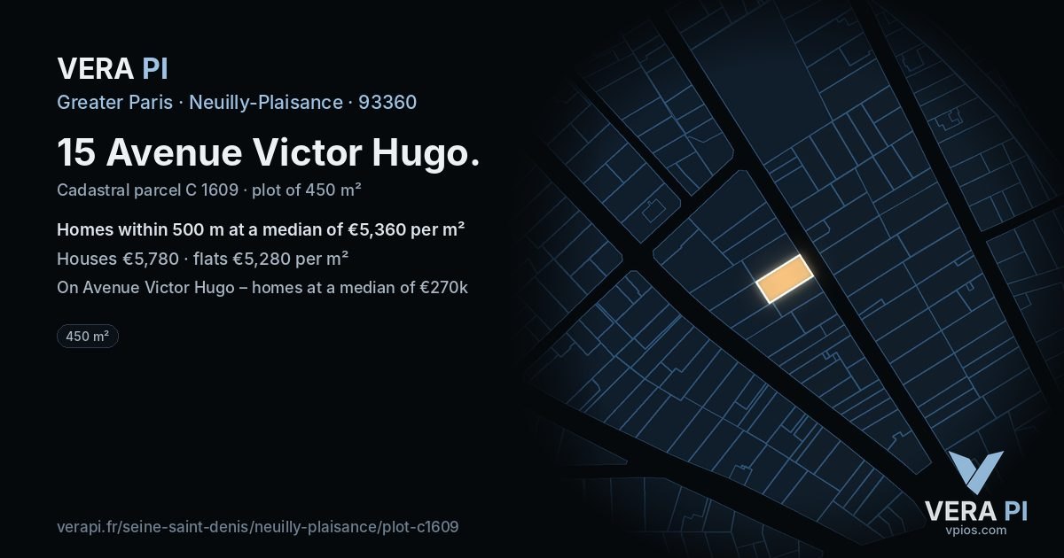 15 Avenue Victor Hugo, Neuilly-Plaisance at night – the plot lit, the parcels around coloured by the prices near them