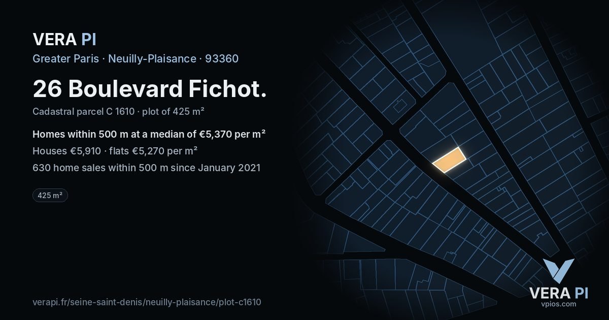 26 Boulevard Fichot, Neuilly-Plaisance at night – the plot lit, the parcels around coloured by the prices near them