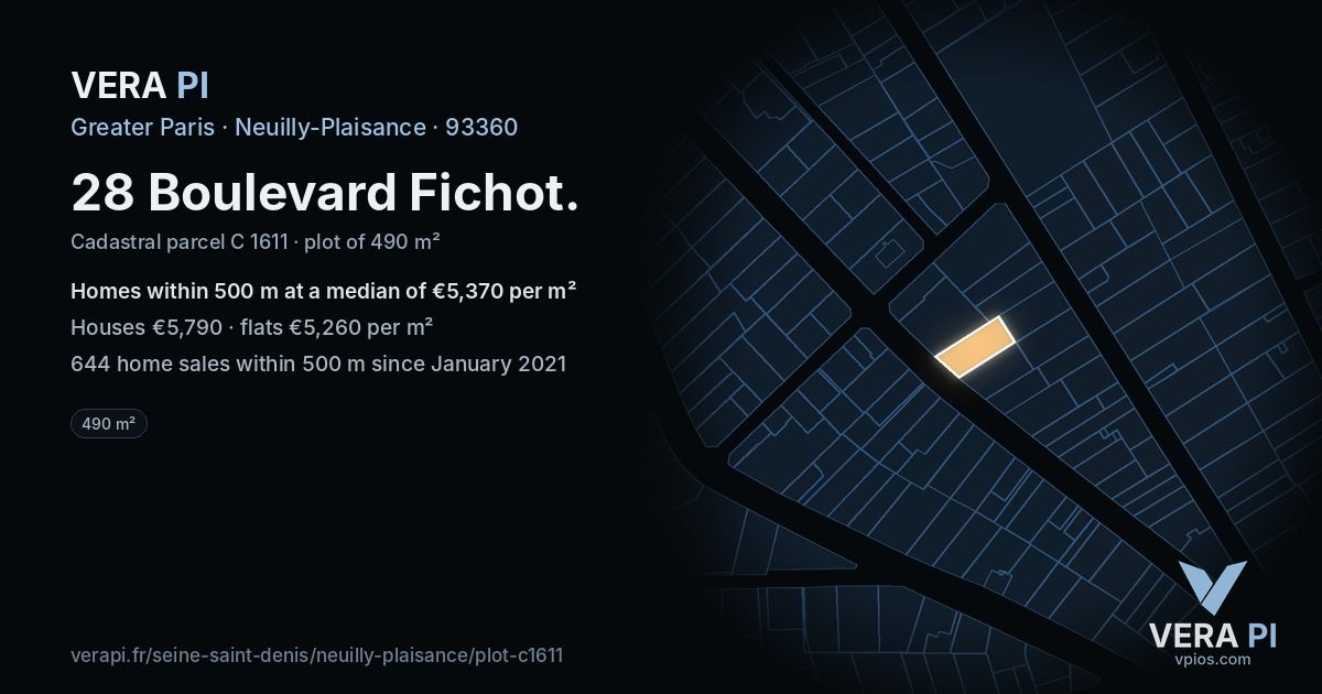 28 Boulevard Fichot, Neuilly-Plaisance at night – the plot lit, the parcels around coloured by the prices near them