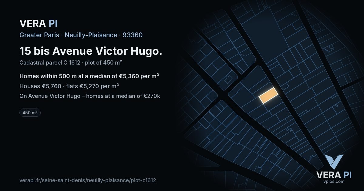 15 bis Avenue Victor Hugo, Neuilly-Plaisance at night – the plot lit, the parcels around coloured by the prices near them