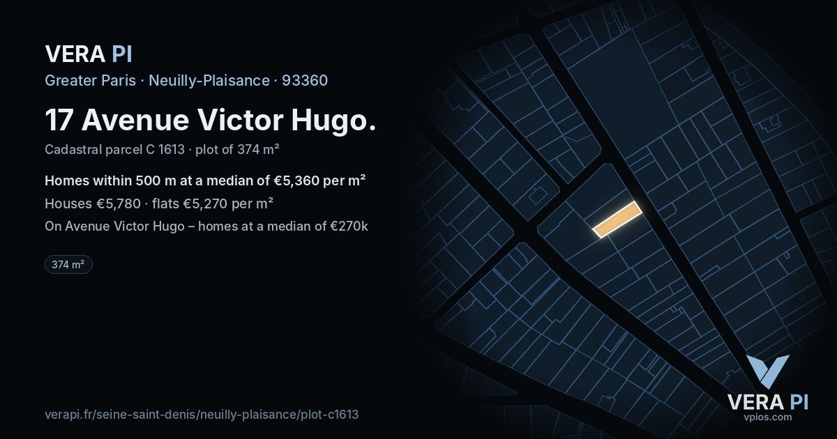 17 Avenue Victor Hugo, Neuilly-Plaisance at night – the plot lit, the parcels around coloured by the prices near them