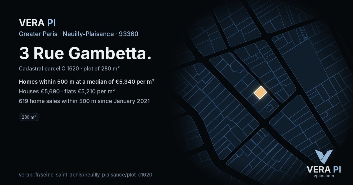 3 Rue Gambetta, Neuilly-Plaisance at night – the plot lit, the parcels around coloured by the prices near them
