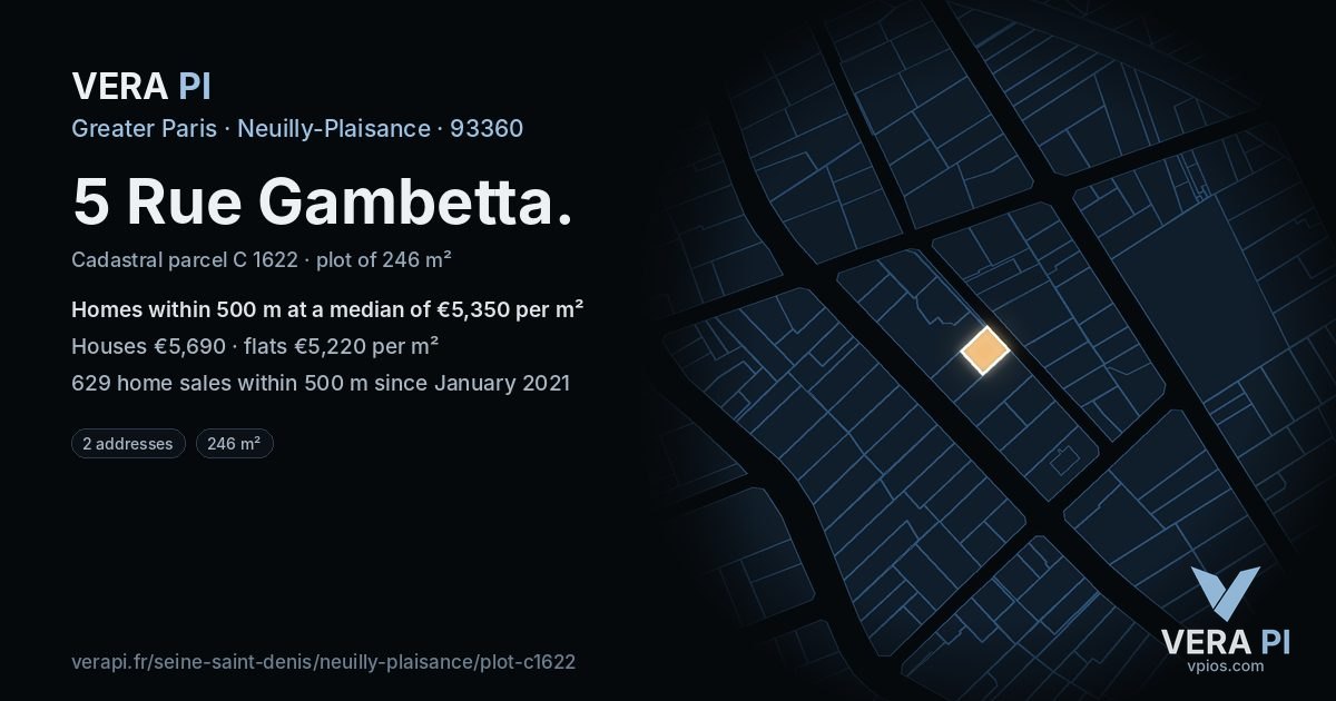 5 Rue Gambetta, Neuilly-Plaisance at night – the plot lit, the parcels around coloured by the prices near them