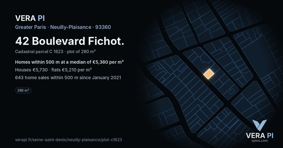 42 Boulevard Fichot, Neuilly-Plaisance at night – the plot lit, the parcels around coloured by the prices near them
