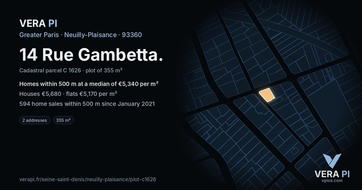14 Rue Gambetta, Neuilly-Plaisance at night – the plot lit, the parcels around coloured by the prices near them
