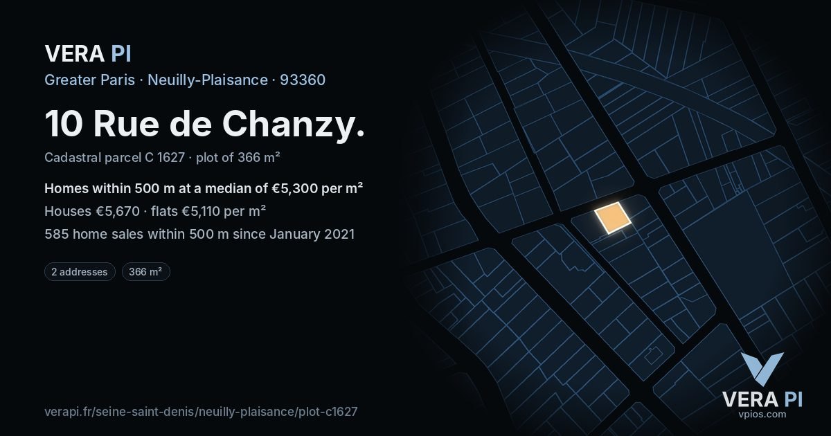 10 Rue de Chanzy, Neuilly-Plaisance at night – the plot lit, the parcels around coloured by the prices near them