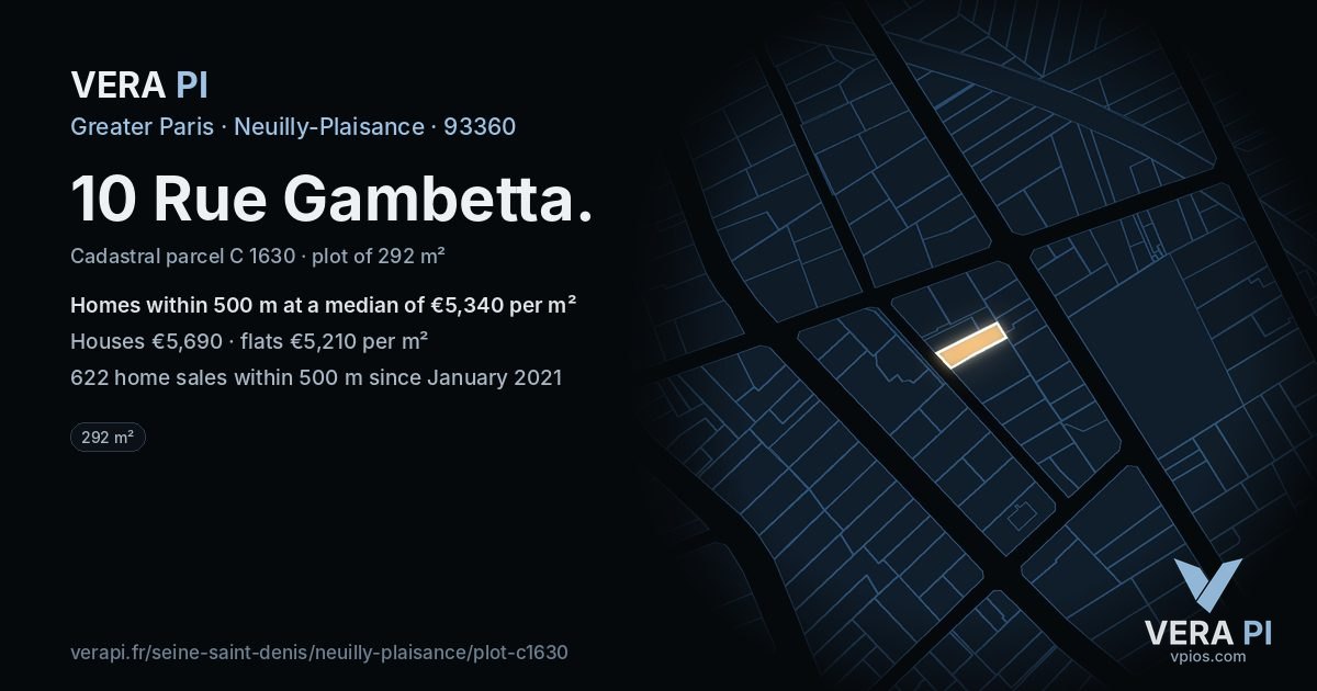10 Rue Gambetta, Neuilly-Plaisance at night – the plot lit, the parcels around coloured by the prices near them