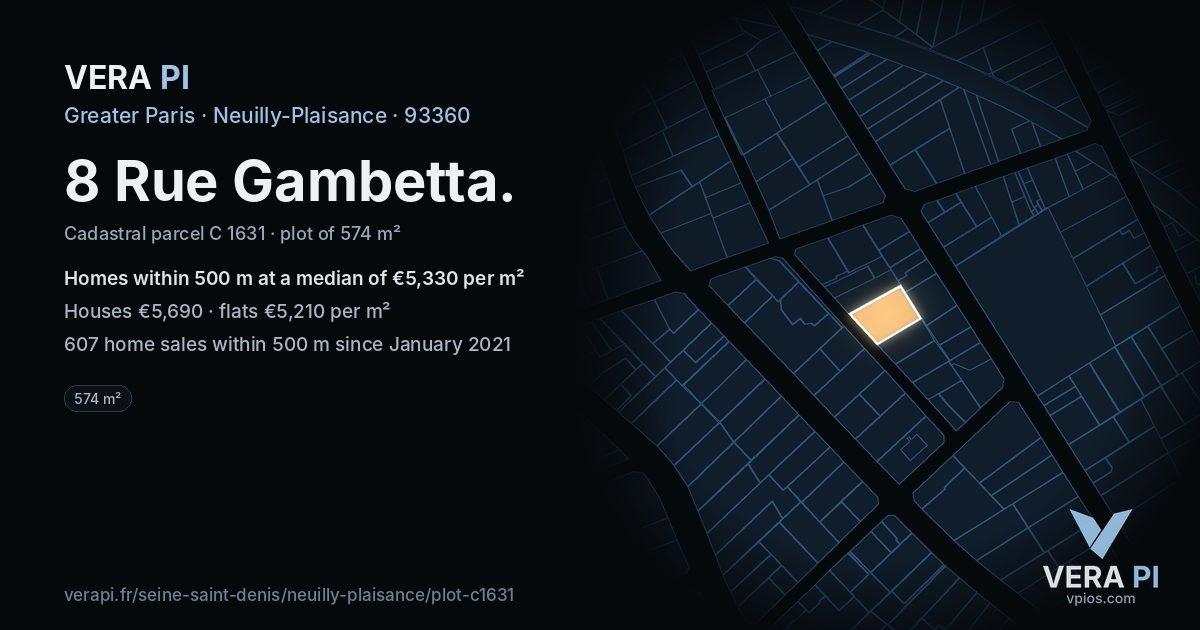 8 Rue Gambetta, Neuilly-Plaisance at night – the plot lit, the parcels around coloured by the prices near them