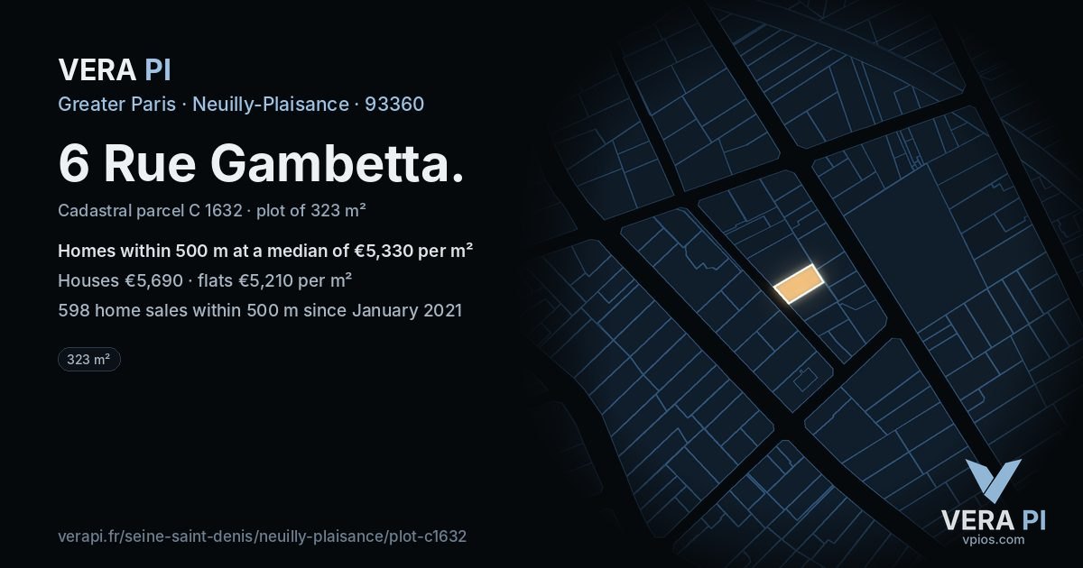 6 Rue Gambetta, Neuilly-Plaisance at night – the plot lit, the parcels around coloured by the prices near them