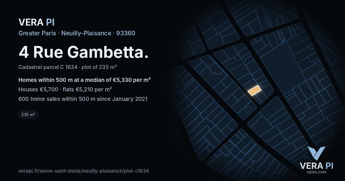 4 Rue Gambetta, Neuilly-Plaisance at night – the plot lit, the parcels around coloured by the prices near them