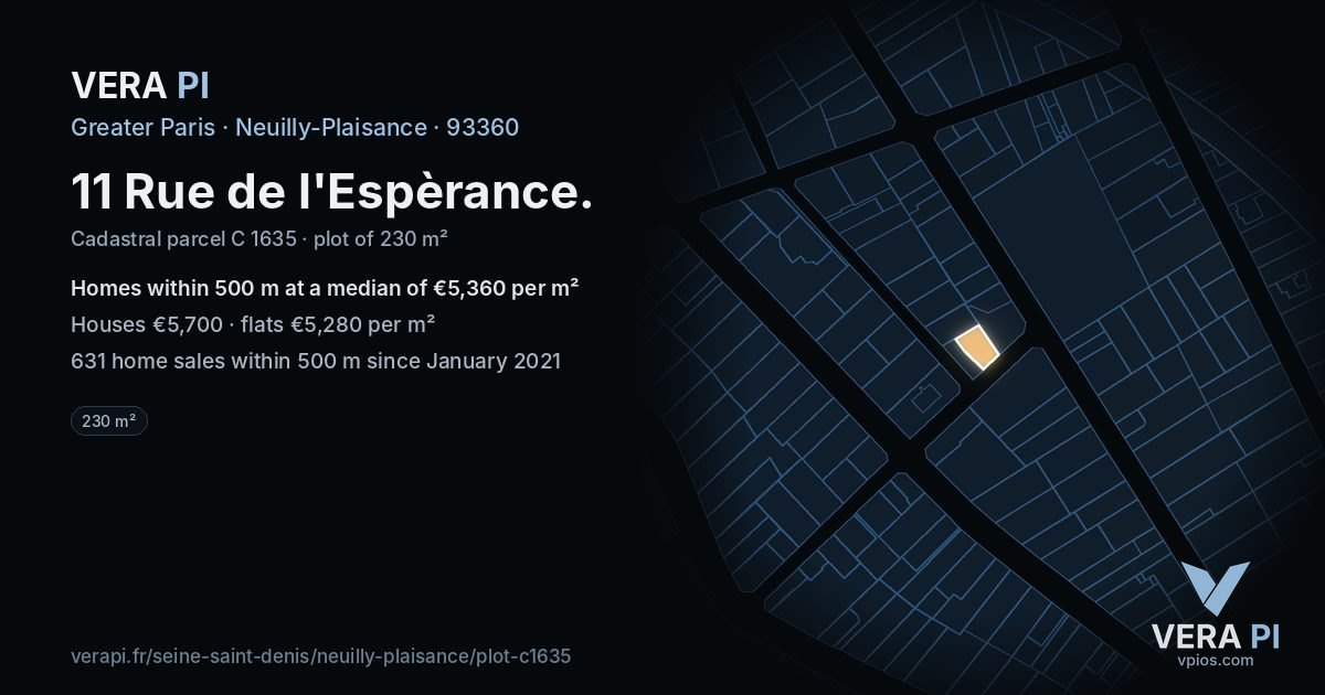 11 Rue de l'Espèrance, Neuilly-Plaisance at night – the plot lit, the parcels around coloured by the prices near them