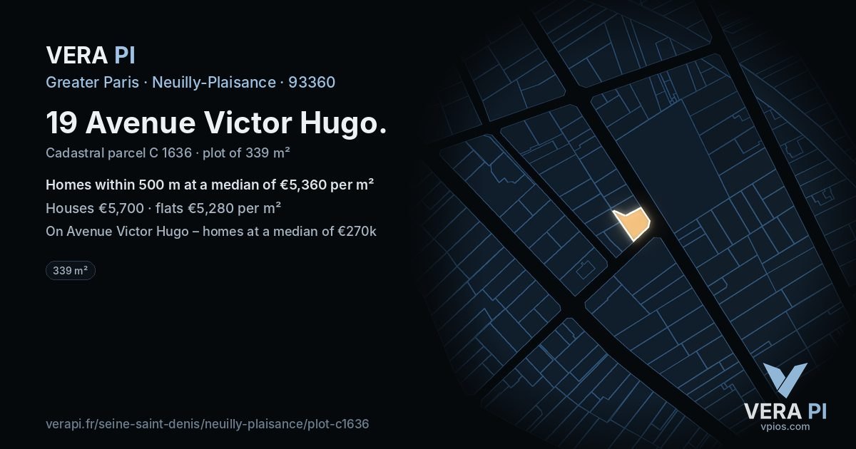 19 Avenue Victor Hugo, Neuilly-Plaisance at night – the plot lit, the parcels around coloured by the prices near them