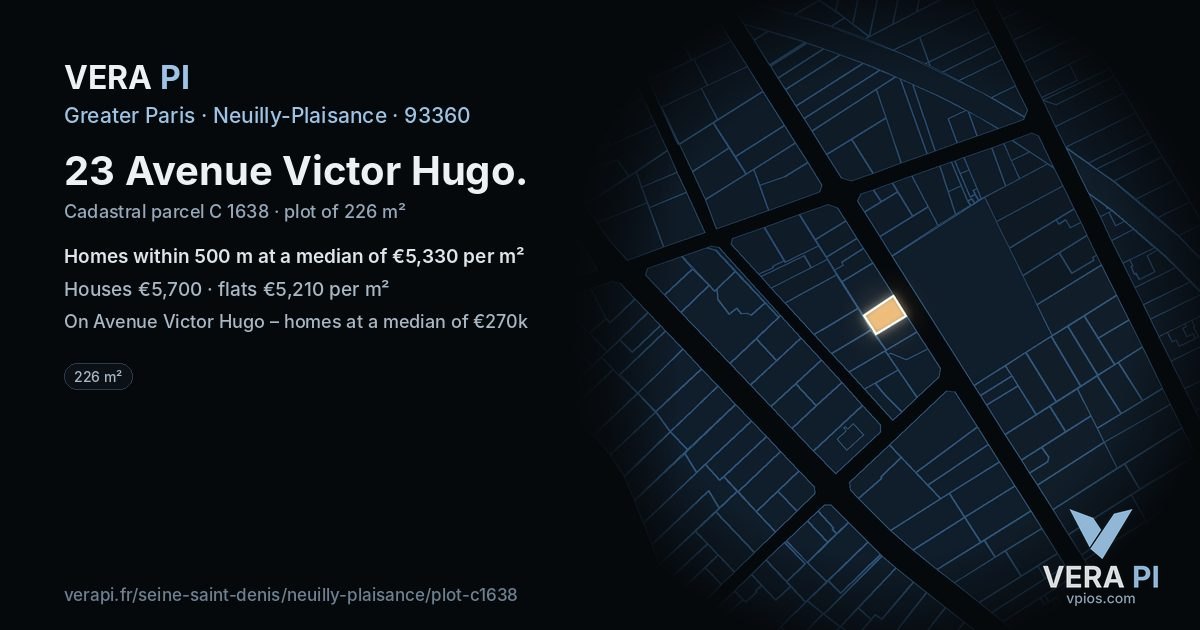 23 Avenue Victor Hugo, Neuilly-Plaisance at night – the plot lit, the parcels around coloured by the prices near them