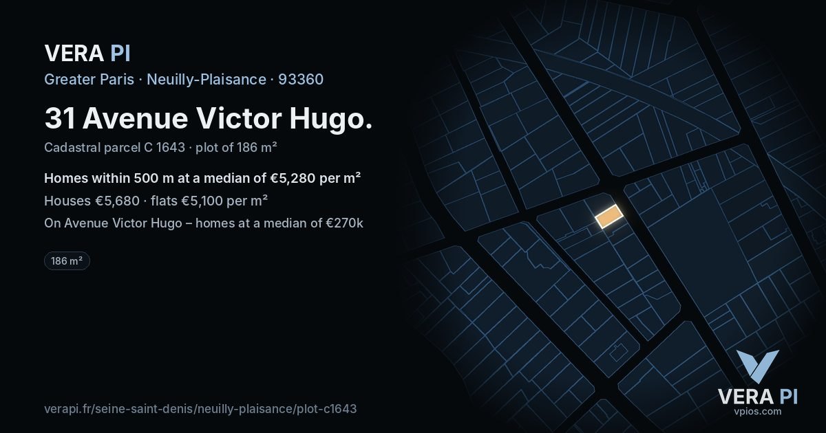31 Avenue Victor Hugo, Neuilly-Plaisance at night – the plot lit, the parcels around coloured by the prices near them