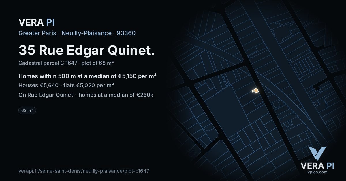 35 Rue Edgar Quinet, Neuilly-Plaisance at night – the plot lit, the parcels around coloured by the prices near them